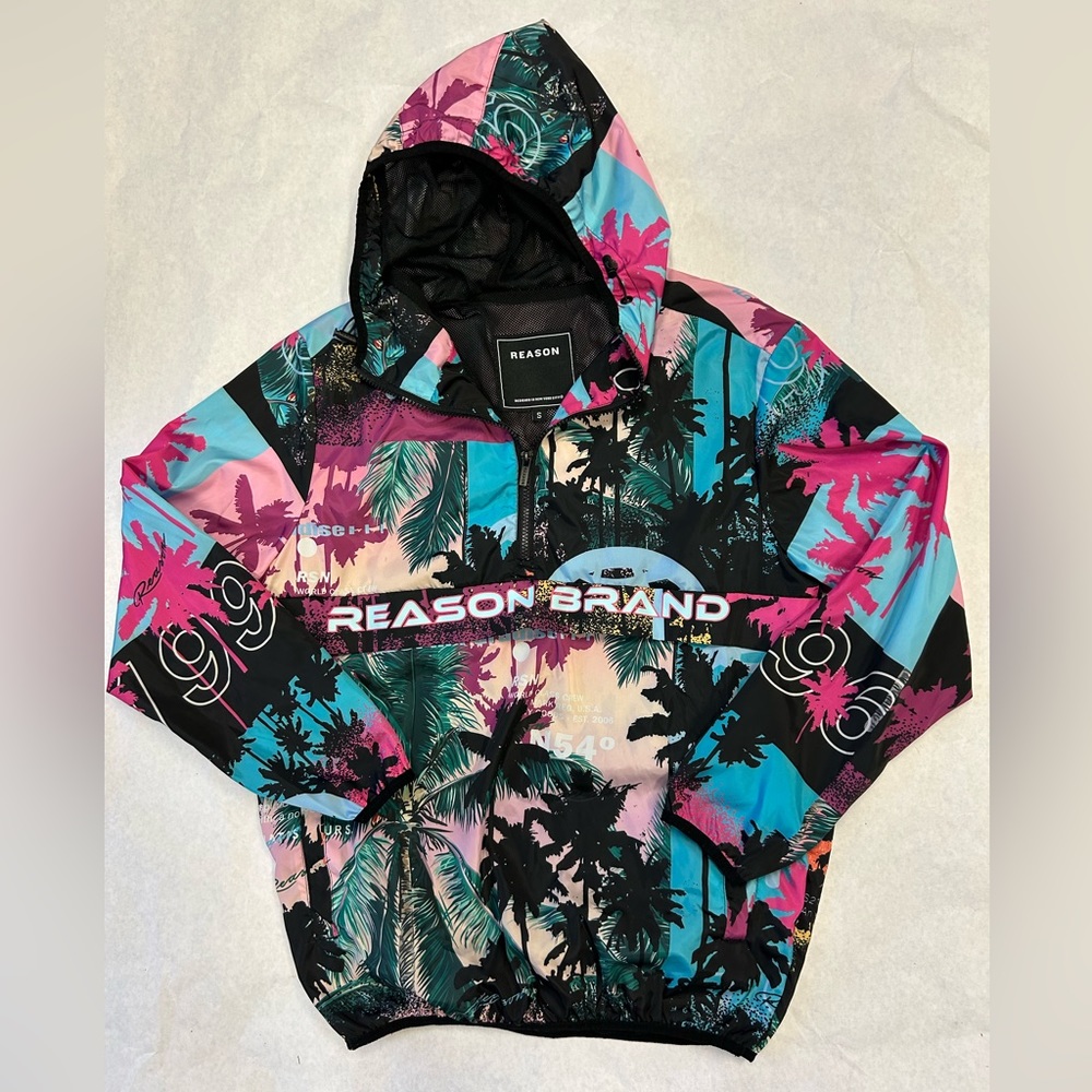 REASON BRAND “In Paradise” Print WEARABLE ART Windbreaker Hooded Jacket Size S